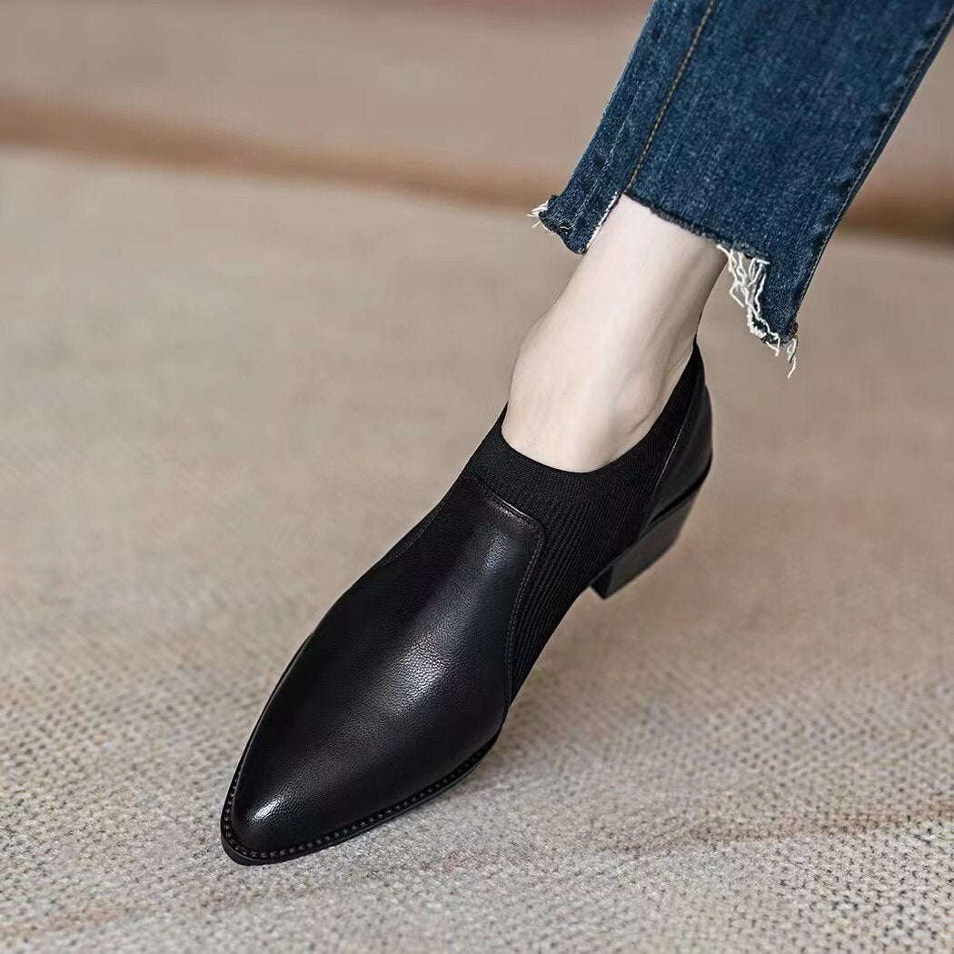 swvws Autumn New Soft Work Shoes,Women Mid Heels,Stretch,Pointed Toe,Slip On British Style