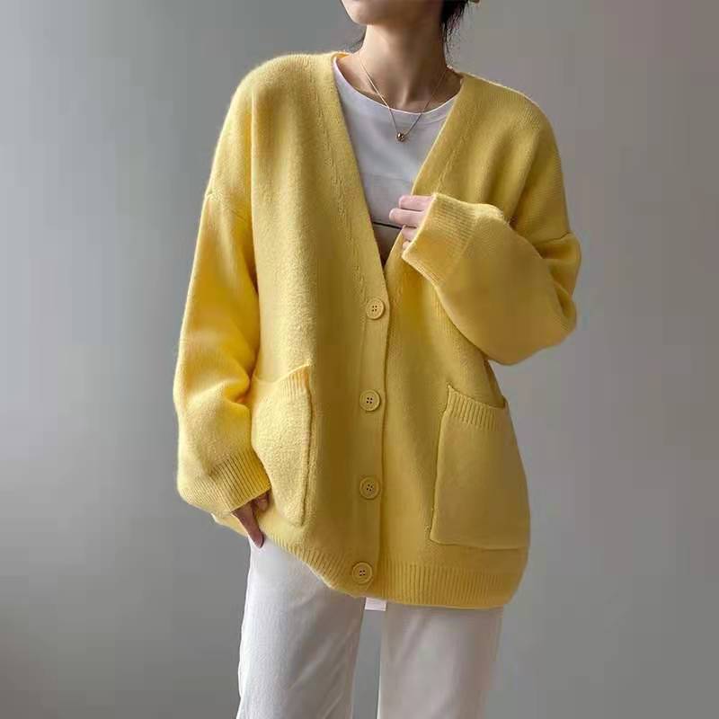 swvws Autumn Loose Cardigans Casual Vintage Women Knitted Sweaters  Fashion Korean Long Sleeve Knitwear Female Solid V-Neck Sweaters