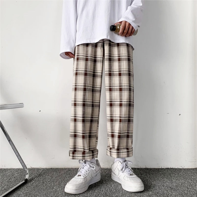 swvws Back To School  Plaid Pants Men Linens Korean Checked Trousers Male Streetwear Fashion Bottoms Summer Wide Leg Pants Harajuku Breathable