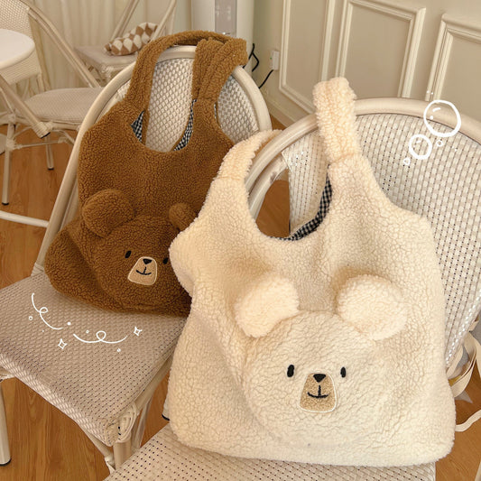 swvws Soft Plush Tote Bag Women 3D Cartoon Bear Print Kawaii Shoulder Bag For Women Imitation Lamb Hair Warm Winter Handbags Big Bag