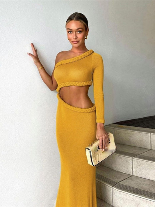 BACK TO COLLEGE    Elegant Women's Two Pieces Dress Set  Fall One Shoulder Long Sleeve Cropped Tops and Long Skirts Female Holiday Beach Outfit