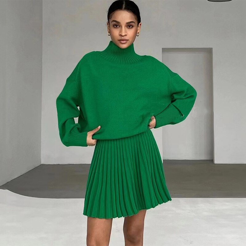 swvws Autumn Knitted Skirts Sets Women Mini Pleated Skirt Long Sleeve Slim Crop Pullover Lady 2 Pieces Set  Casual Female Suits