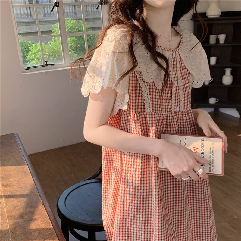 swvws Plaid Retro Elegant Casual NightDress Soft Ruffles Sweet Simple Summer O-Neck Princess Long Sleepwear Cotton Lace Short sleeve