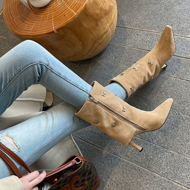 swvws Autumn Shoes     Autumn Boots Women Cow Suede Leather Shoes for Women Square Toe Trouser Boots Bow-knot Thin Heel Shoes Black Western Boots