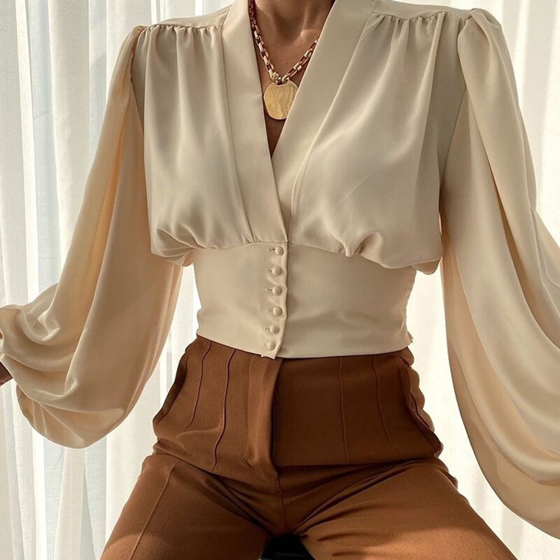 swvws New Women Solid Chiffon Button Shirt Blouses For Women Puff Long Sleeve Tops Women  V Neck Clothing  Female Button Up Shirt