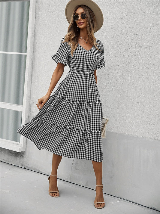 Spring Summer Plaid Casual Long Dress Women V Neck Slim High Waist Ladies New A Line Party Maxi Dress