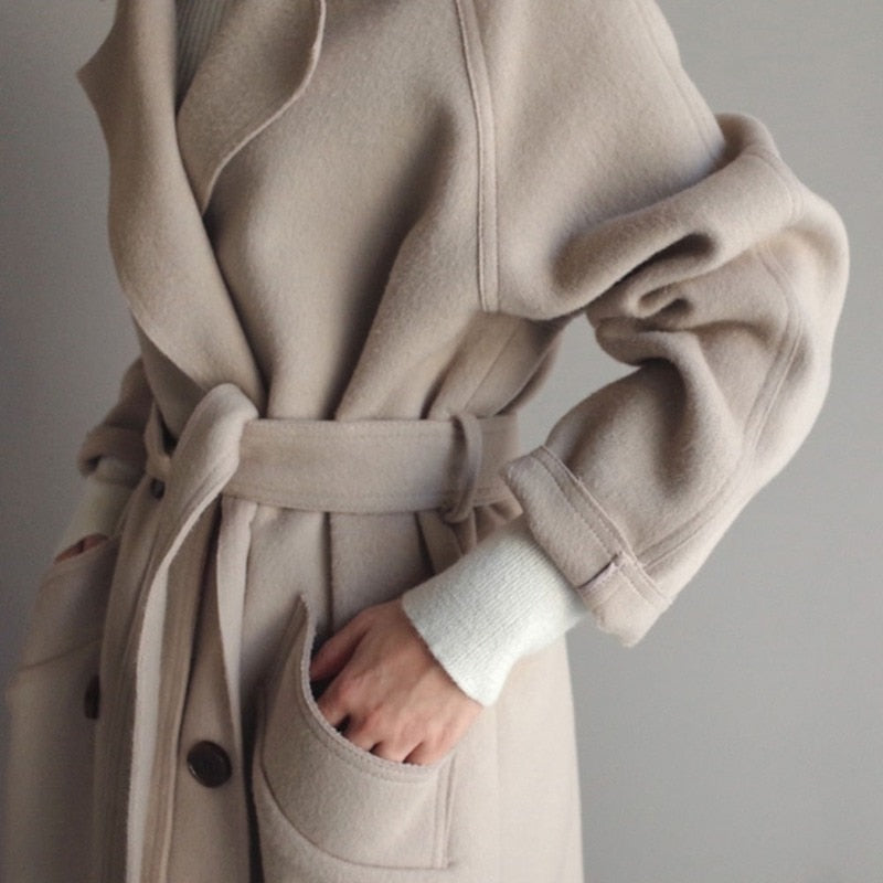 swvws Winter Women's Beige Elegant Wool Blended Solid Color Korean Long Coat Retro Fashion Black Simple Wool Camel Oversized Coat