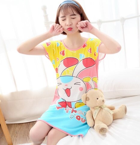 swvws Summer Cartoon Nightdress Ladies Milk Silk Double-Sided Printing Cute Nightdress Women's Nightgown Sleepwear Night Wear