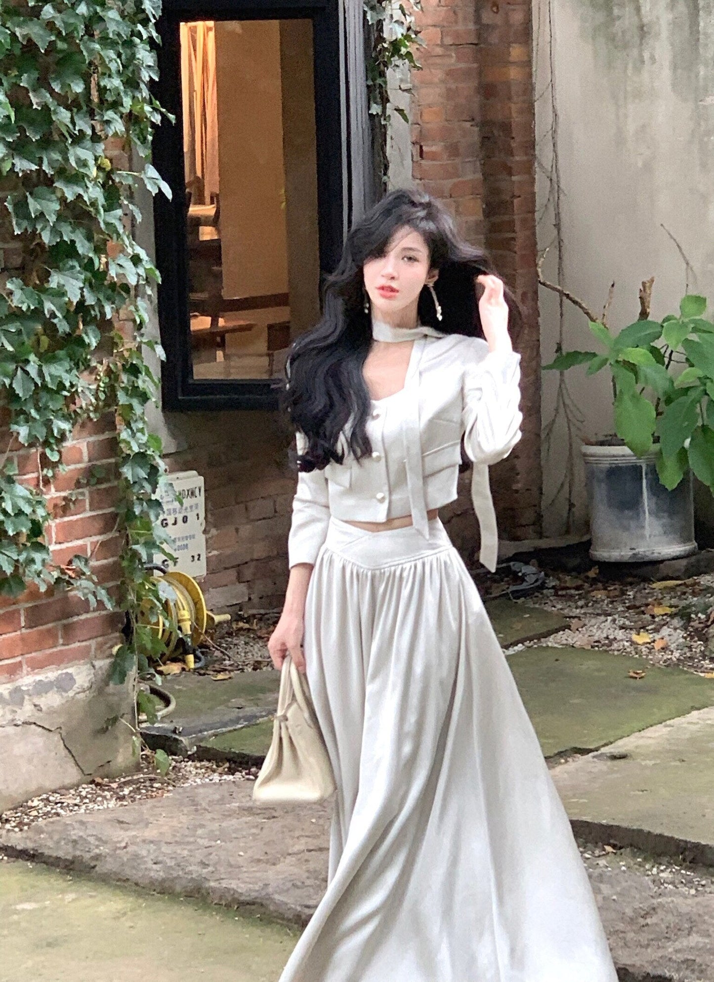 swvws French White Long Sleeve 2 Piece Set for Women Autumn New Elegant Fashion Short Top High Waist Long Skirt Suit Female Clothing