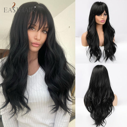 swvws  Long Black Wigs Cosplay Body Wave Synthetic Wigs With Bangs For White/Black Women Brazilian American Natural Hair