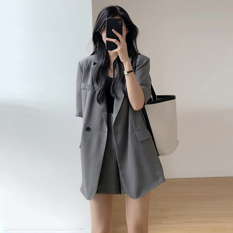 swvws  Summer Retro Korean Version of the Temperament Short-sleeved Suit Jacket + Shorts Set Casual Loose Suit Two-piece Female