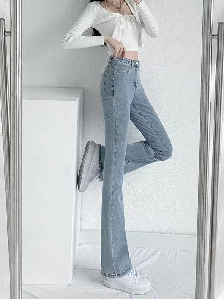 swvws split jeans women's spring and autumn new high-waisted slim fit slim wide-legged micro-flare mopping pants trendy ins