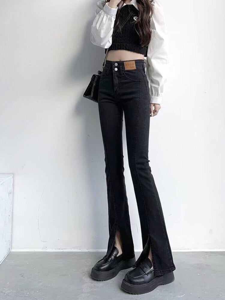 swvws Split Jeans Women's Spring And Autumn New High-waisted Slim Fit Slim Wide-legged Micro-trumpet Mopping Pants Trendy Ins