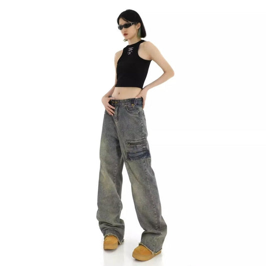 swvws Hong Kong Style Retro High Waisted Workwear Jeans, Women's Summer New Unique Design, Straight Pocket, Floor Long Pants