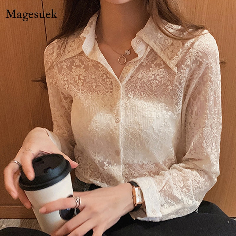 swvws Oversized Spring Lace Button Shirt New Fashion Chic Floral Embroidery White Blouse Women Long Sleeve Korean Ladies Tops 13125