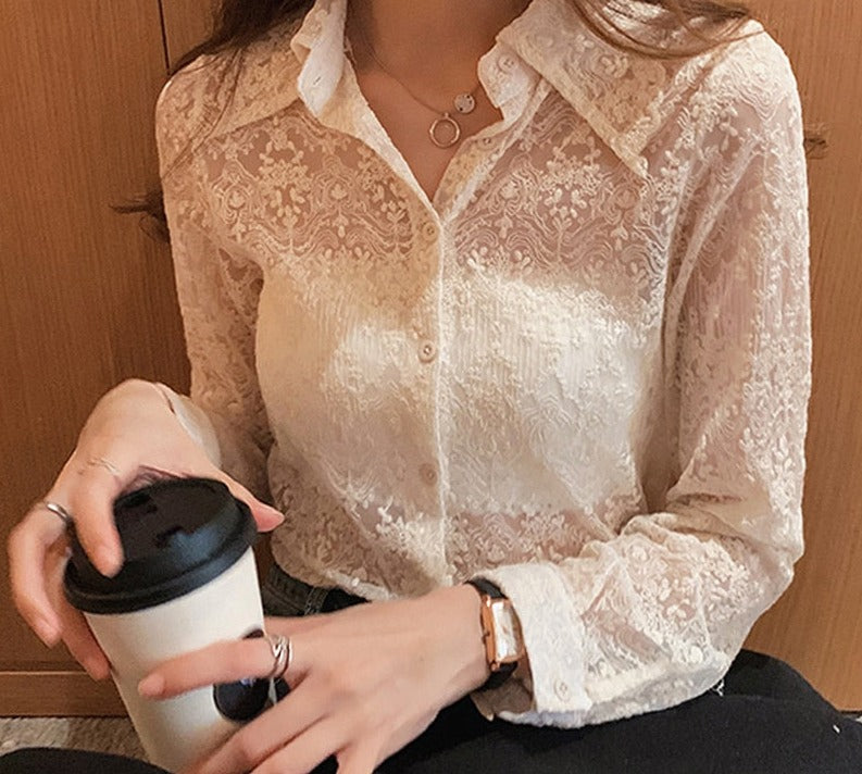 swvws Oversized Spring Lace Button Shirt New Fashion Chic Floral Embroidery White Blouse Women Long Sleeve Korean Ladies Tops 13125