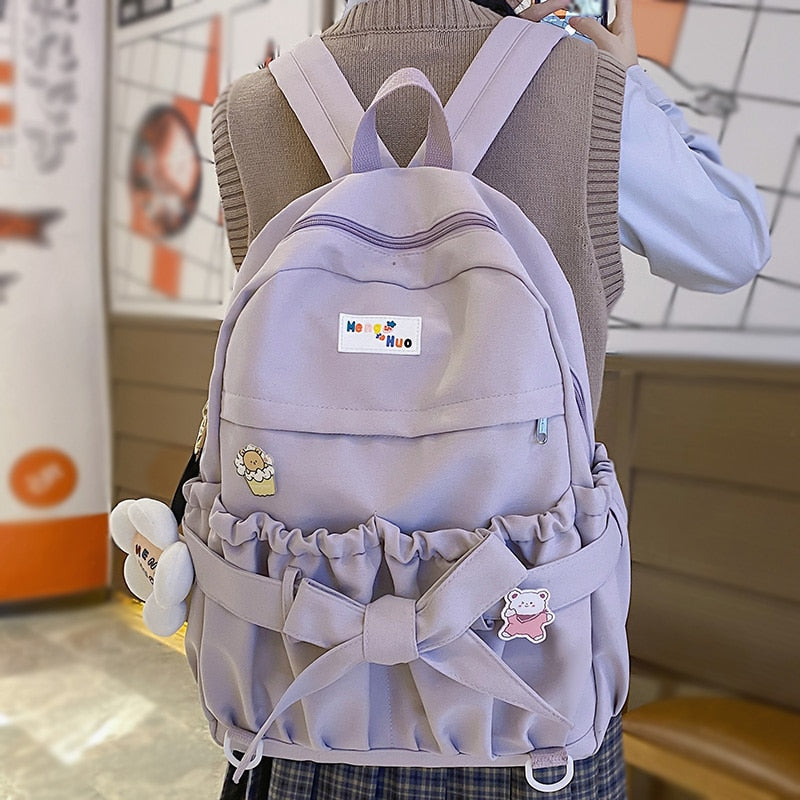 swvws Fashion Kawaii Bow Waterproof Female Laptop Backpack Ladies Nylon College Backpack Trendy Women School Bag Girl Travel Cute Bags