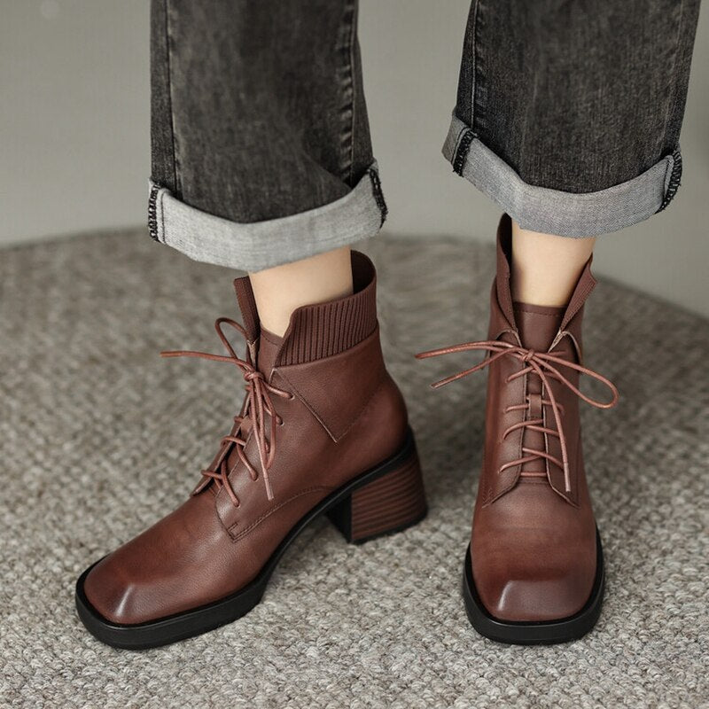 swvws  Autumn Shoes   NEW Fall Shoes Women Genuine Leather Ankle Boots Round Toe Chunky Shoes for Women Winter Thick Heel Boots Lace Up Black Boots