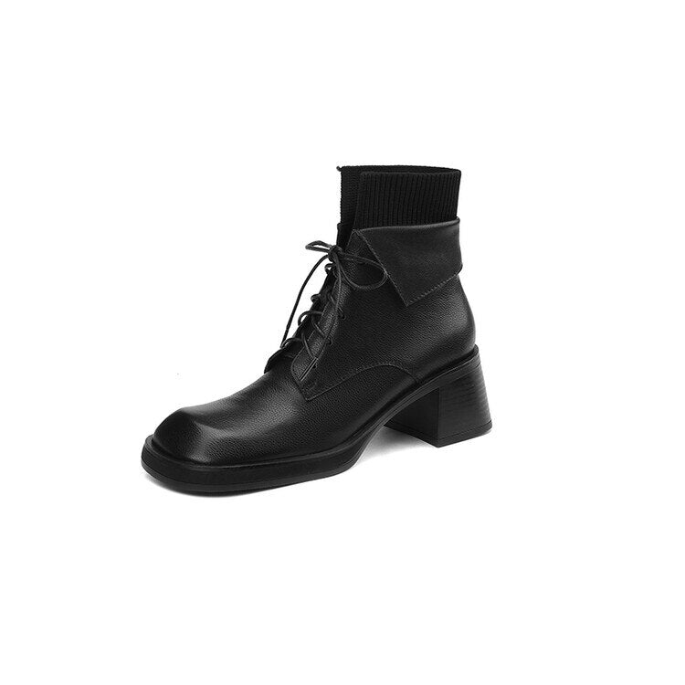 swvws  Autumn Shoes   NEW Fall Shoes Women Genuine Leather Ankle Boots Round Toe Chunky Shoes for Women Winter Thick Heel Boots Lace Up Black Boots