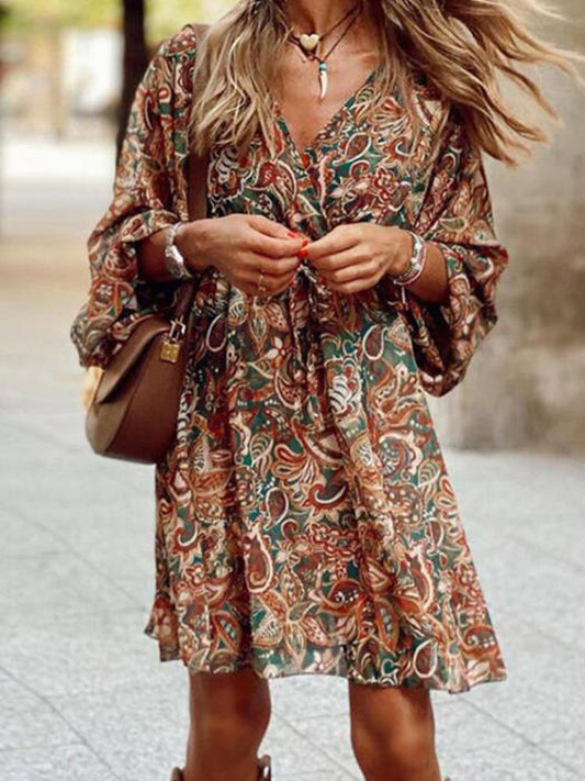 swvws Boho Dress Vintage Printed Dress Women Sexy V-Neck Ruffle Spring Casual Long Sleeve Holiday Beach Dresses Vestido Feminino