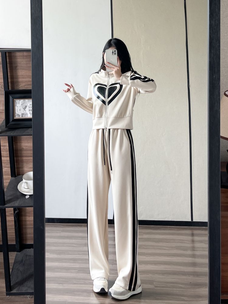 swvws  New Spring and Autumn Zipper Jacket High Waist Wide Leg Pants Two-piece Fashion Casual Loose Long-sleeved Sports Suit Women