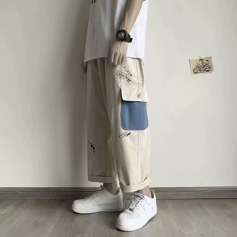 swvws Back To School  Khaki Cargo Pants With Print Baggy Loose Casual Trousers Male Summer Cotton Korean Streetweer Harajuku Cartoons Graffiti