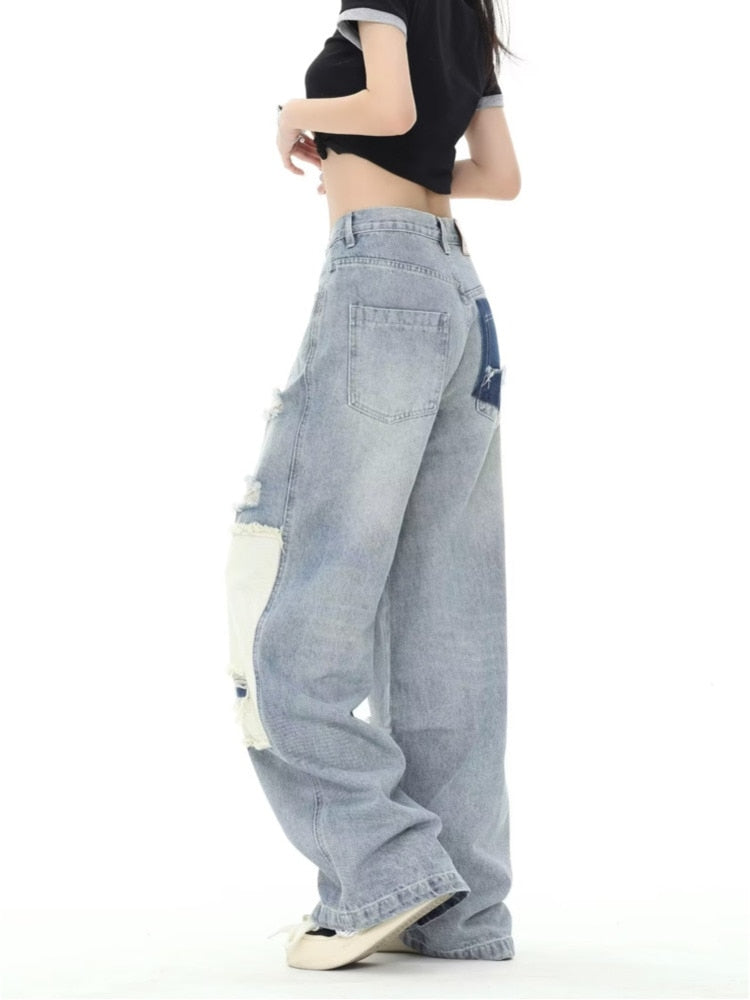 swvws Design Sense Contrast Color Broken Hole Patch Women's Jeans Women's Summer Crowd High Waist Loose Straight Leg Long Pants