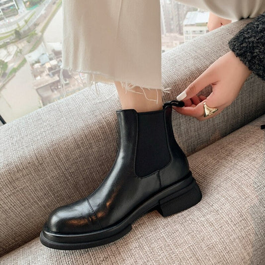 swvws Autumn Boots     NEW Fall/Winter Shoes Women Split Leather Ankle Boots Round Toe Chunky Shoes for Women Solid Chelsea Boots Leisure Black Boots