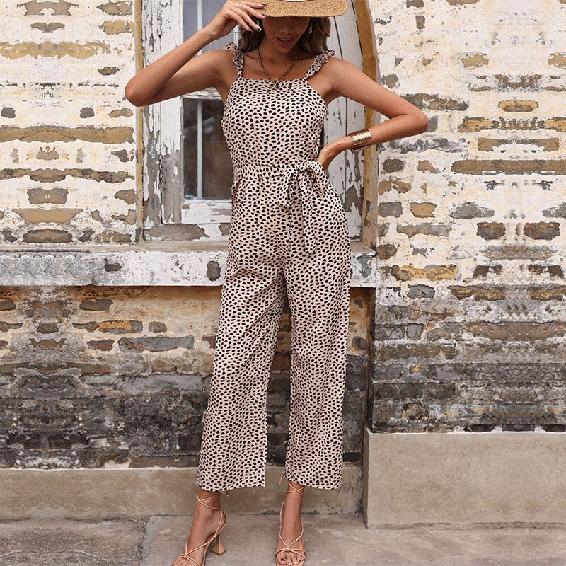 swvws Summer Sleeveless Jumpsuit For Women Leopard Bandage Romper Casual Belted Playsuit Fashion Backless Women Jumpsuit Streetwear