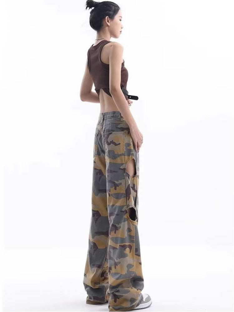 swvws Loose Splashed Ink Speaker Camouflage Pants Trendy Hip-hop Vintage Versatile Work Clothes Pants Wide Leg Pants Women's Jeans