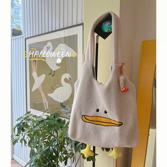 swvws Kawaii Tote Bag Women Cartoon Duck Embroidery Plush Handbags and Purses Soft Imitation Lamb Hair Shoulder Bag For Women Bolsas