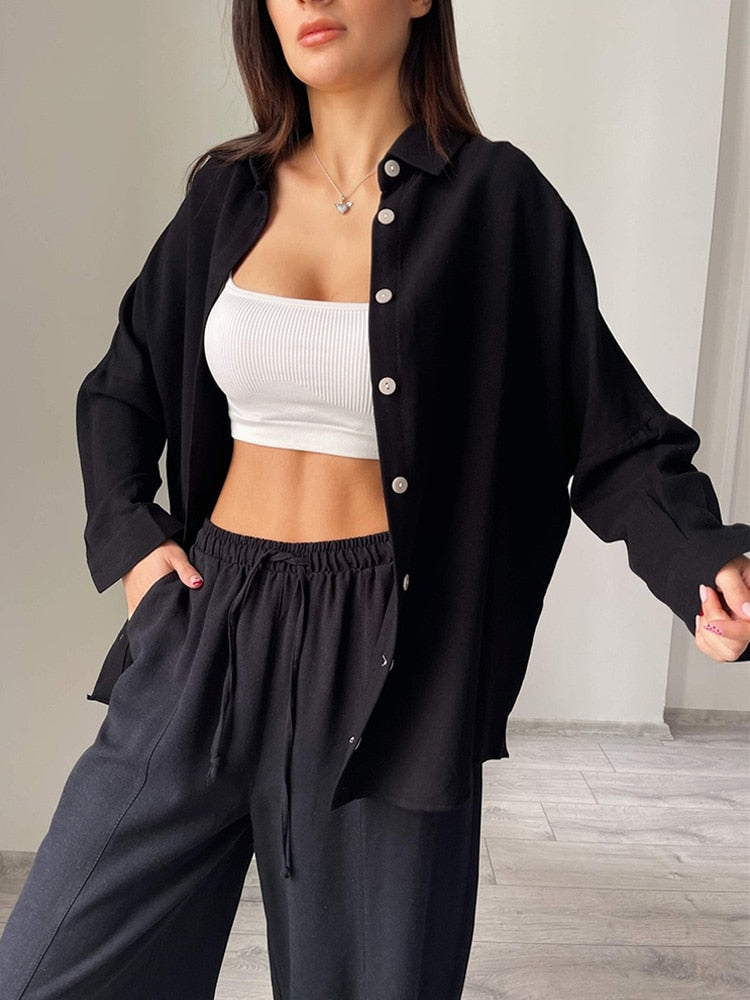 swvws Back To School Women Casual Suit Solid Color Lapel Long Sleeve Shirt Top And Harem Pants Two Piece Set Fashion Lounge Wear