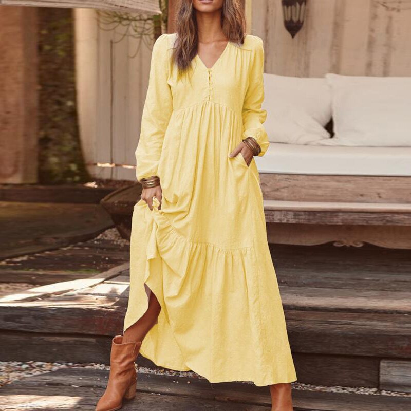 swvws Casual Long Linen Dress Women V Neck Cotton Maxi Dress Summer Vintage Long Sleeve Loose Dress Solid High Waist Big Swing Dress