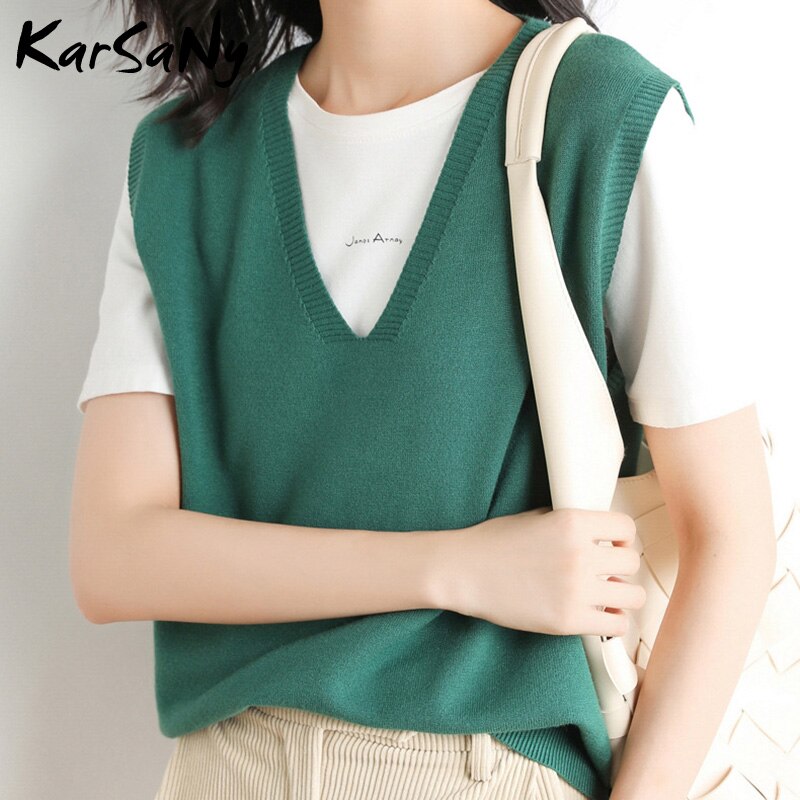 Back To School Insulated Vest For Women Solid Slim Green Sweater Sleeveless Knitted Vest Female V Neck Classic Tops Women's Fashion Vests