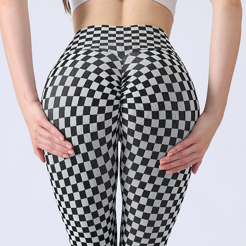 swvws Yoga Pants Leggings Peach Hip Tight Lift Elastic Checkerboard Yoga Clothes Female High Waist GYM Running Sports Fitness