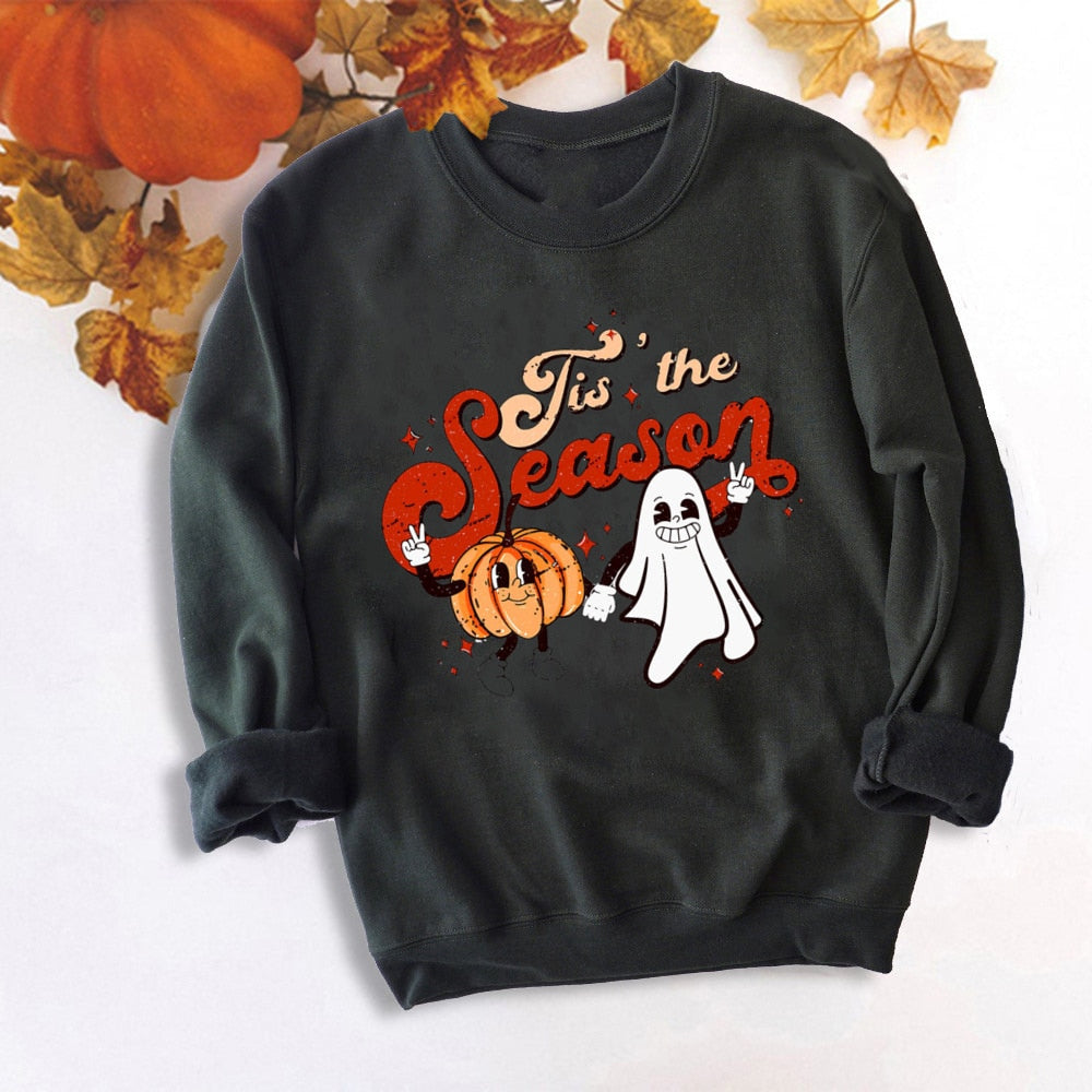 swvws Halloween Costume Colored Tis' The Season Pumpkin Spice Sweatshirt Retro Fall Women Long Sleeve Autumn Halloween Pullovers Streetwear Outfits