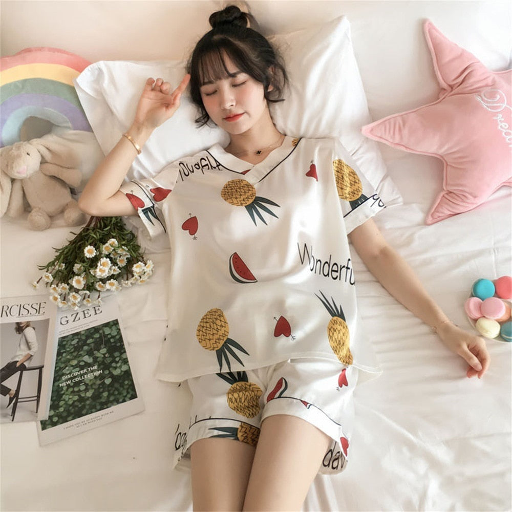 swvws Women's Summer Short-Sleeved Ice Silk Pajamas Loose And Comfortable Homewear Pajama Set Women Sleepwear