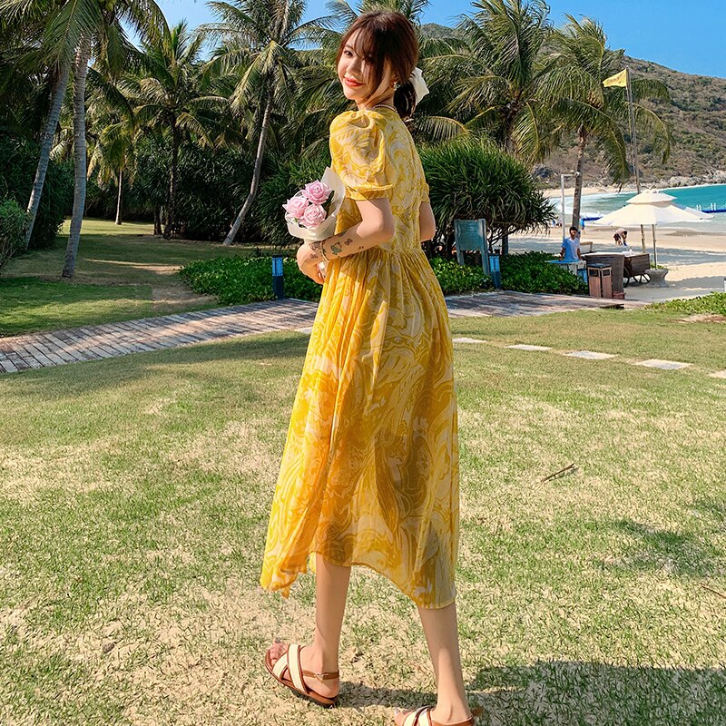 swvws Summer Bohemian Yellow Women's Senior Sense Chiffon V-neck High Waist Thin Temperament Elegant Fashion Seaside Resort Long Dress