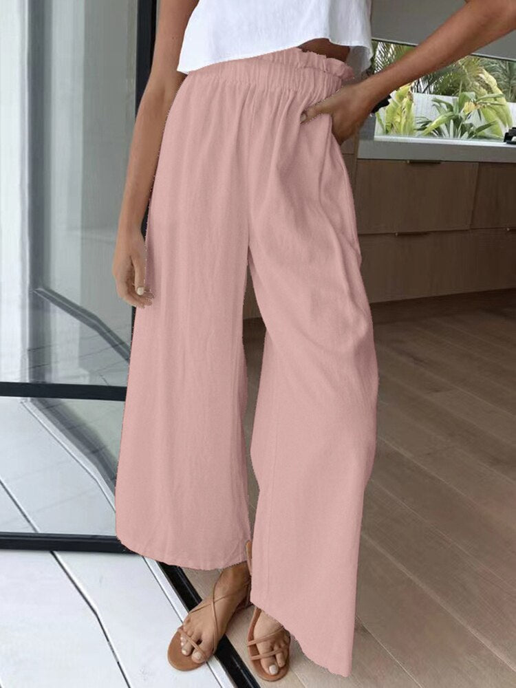 swvws Summer Cotton Linen Long Pant Women High Waist Wide Leg Pant Casual Solid Baggy Trouser Female Loose Retro Sweatpant Streetwear