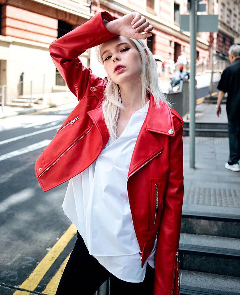 swvws  Autumn Faux Leather Coat Women Red PU Leather Jacket Women Short Biker Jackets Turn Down Collar Slim Motorcycle Outwear