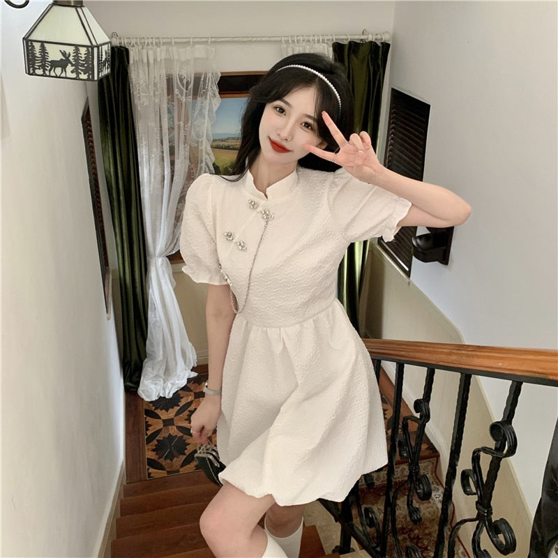 swvws New Chinese Fashion Cheongsam Mini Doll Dress Stand Collar Puff Sleeve Little Ball Gown Dress Small Girl Black White Party Dress