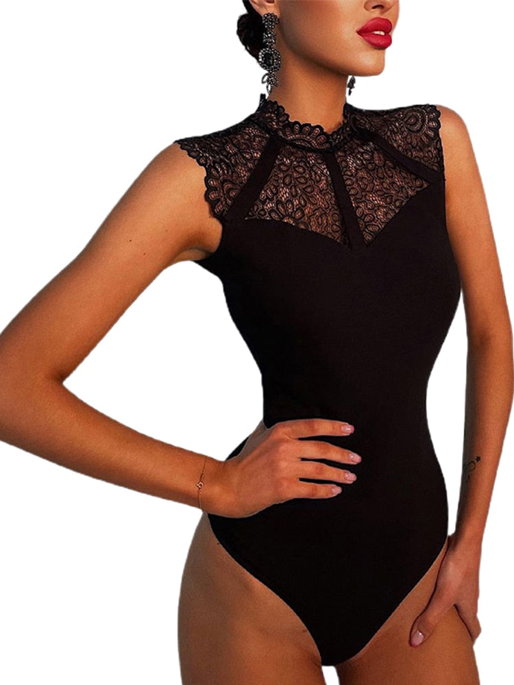 Back to School Women Sexy Black Lace Bodysuits Rompers Sleeveless Slinky Bodysuit