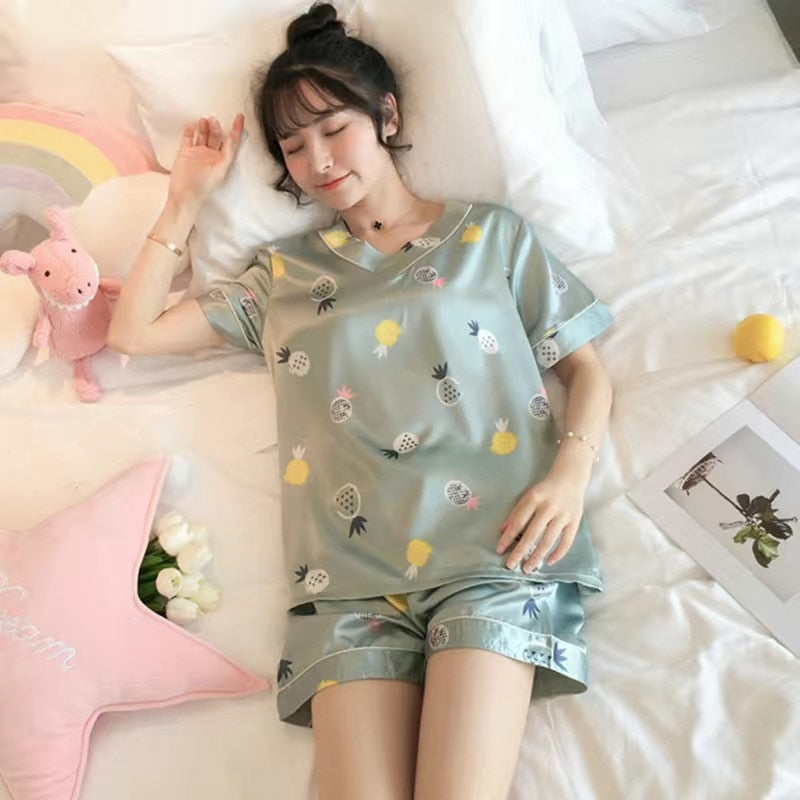 swvws Women's Summer Short-Sleeved Ice Silk Pajamas Loose And Comfortable Homewear Pajama Set Women Sleepwear