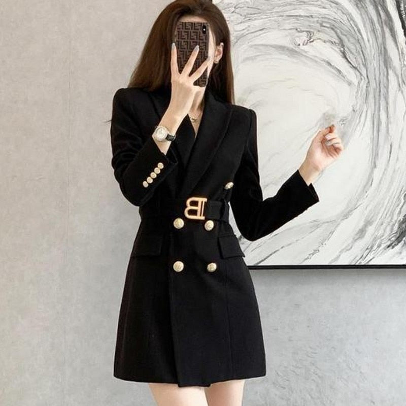 swvws  Spring Temperament Women's V Neck Long-Sleeved Double-Breasted  Long  Mini Dress