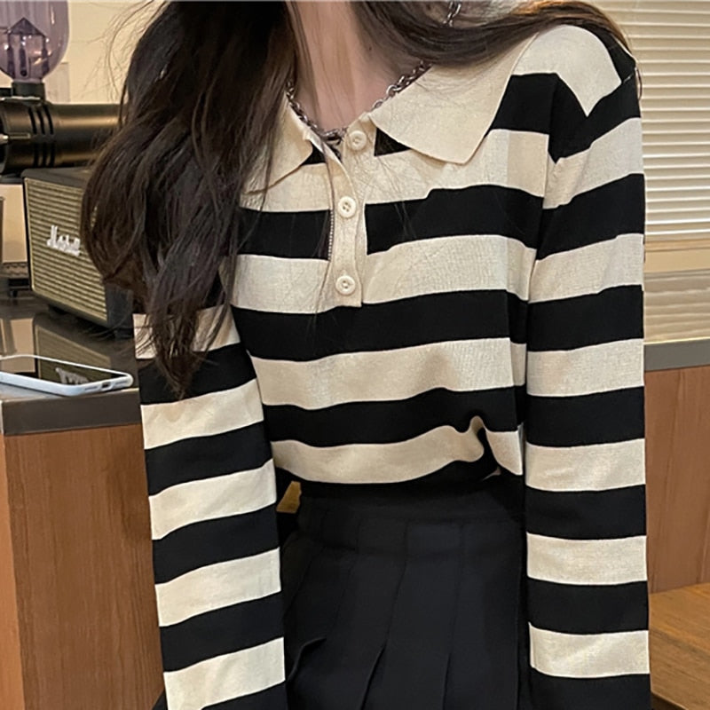 swvws Women's  Spring Fashion Knitting T Shirts Turn-Down Collar Casual Short Tops Female Button Striped Loose T-Shirt Tees Femme