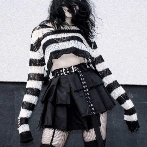 swvws Punk Gothic Sweater Emo Tops E-Girls Mall Goth Pullovers Y2k Harajuku Grunge Clothes Alt Dark Aesthetic Striped Jumpers