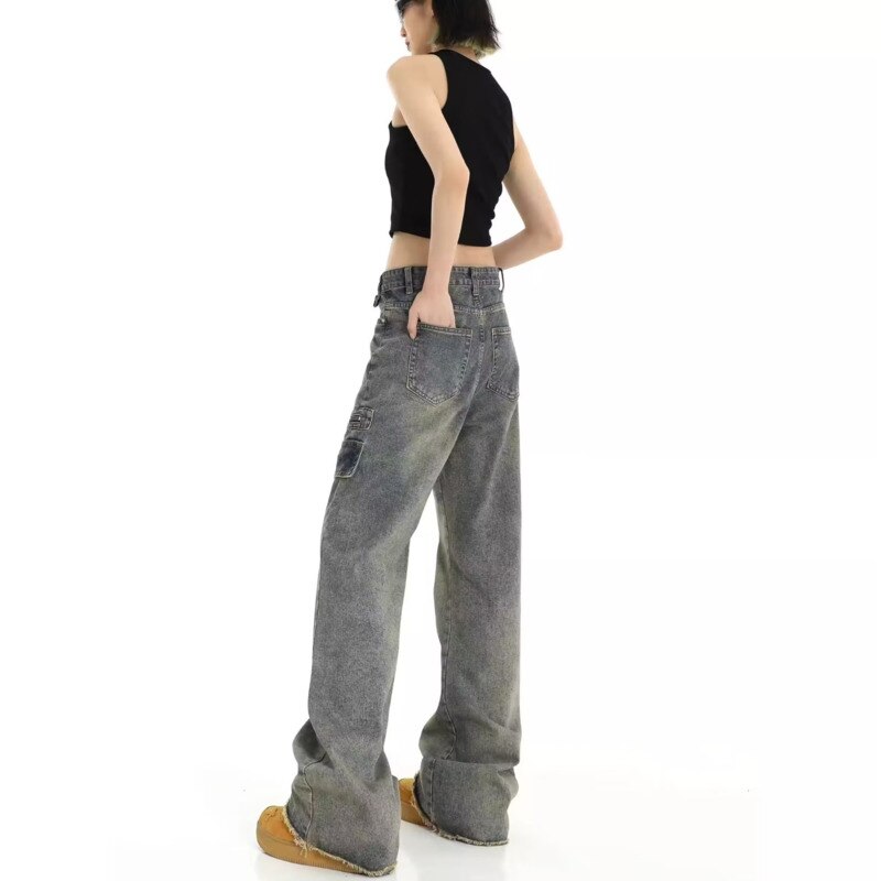 swvws Hong Kong Style Retro High Waisted Workwear Jeans, Women's Summer New Unique Design, Straight Pocket, Floor Long Pants