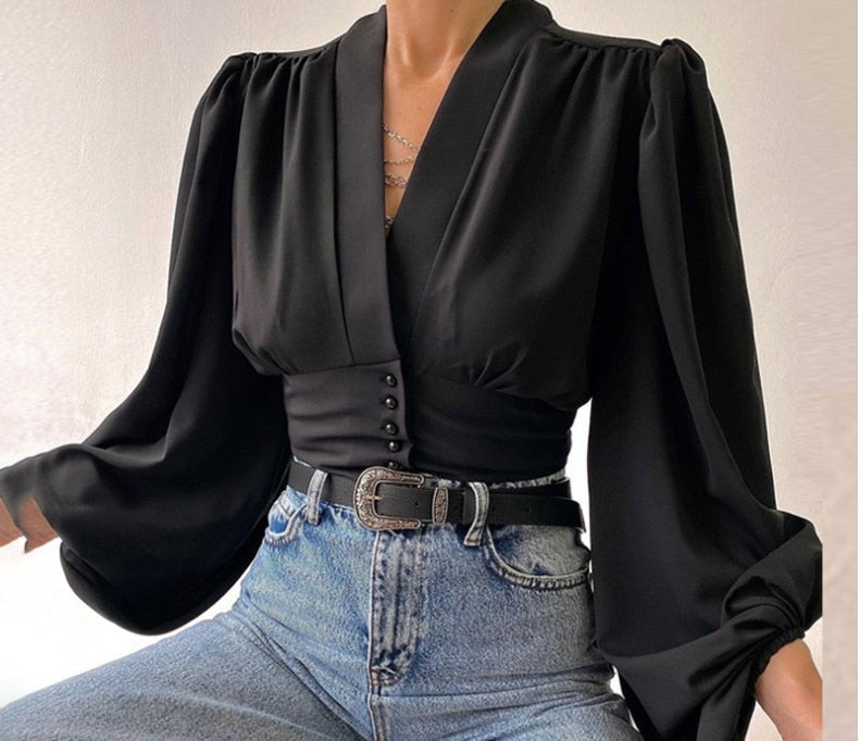 swvws Sexy Keyhole Halter Long-Sleeved Blouse Elegant High Collar Ruffled Solid Shirt Streetwear Ladies Casual Top  New Solid