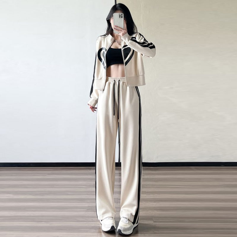 swvws  New Spring and Autumn Zipper Jacket High Waist Wide Leg Pants Two-piece Fashion Casual Loose Long-sleeved Sports Suit Women