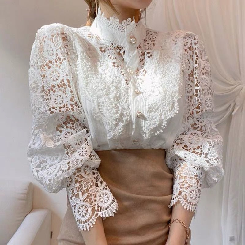 swvws Vintage Solid White Lace Blouse Shirts Women New Korean Button Loose Shirt Tops Female Hollow Casual Ladies Blouses Blusas